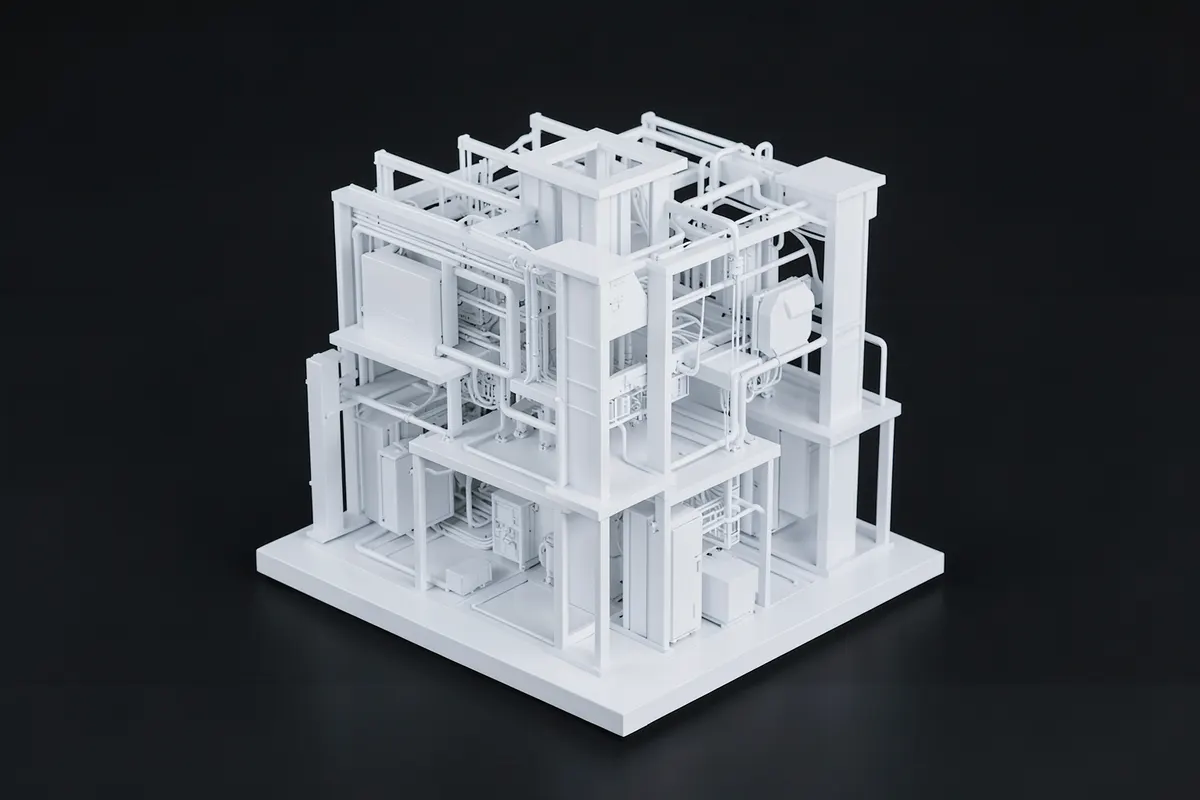 Um modelo 3D de um sistema ERP com vários componentes interconectados, como um centro de controle, representando um exemplo de sistema ERP em ação.