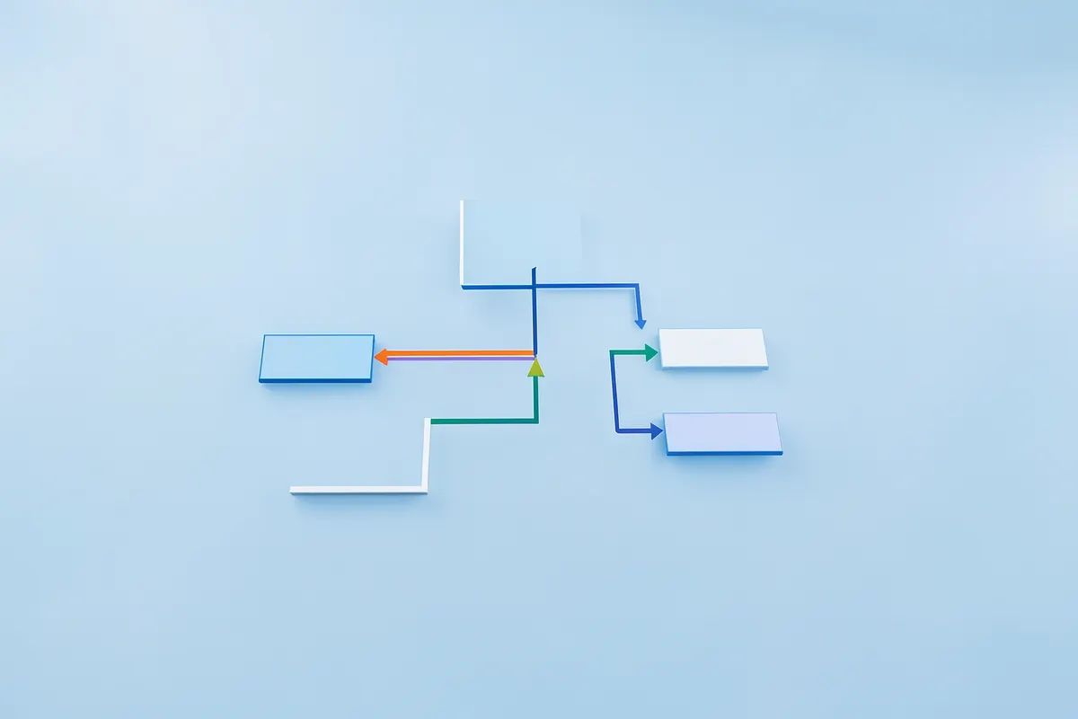 Um diagrama de fluxo de trabalho abstrato com setas conectando caixas, representando a integração de sistemas em um plano de fundo azul claro.