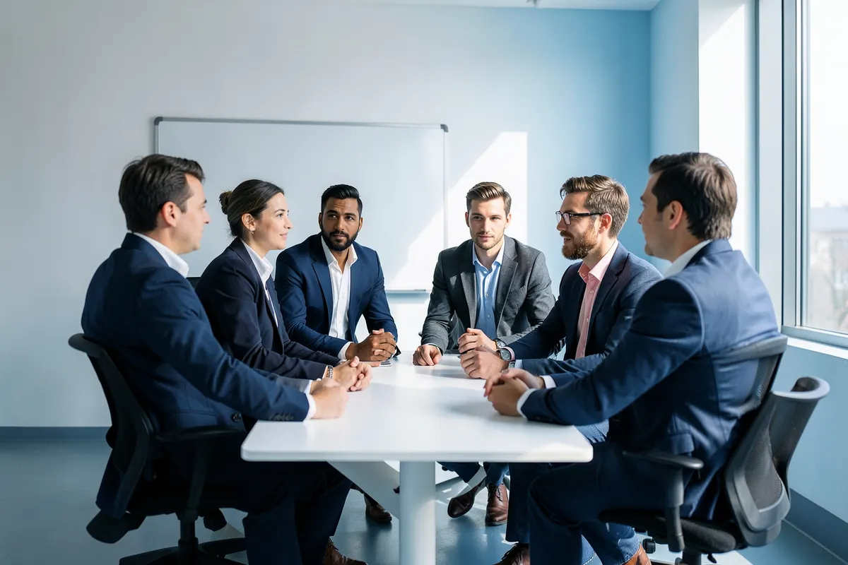 Um grupo de empresários discutindo em uma sala de reuniões moderna com um quadro branco ao fundo.