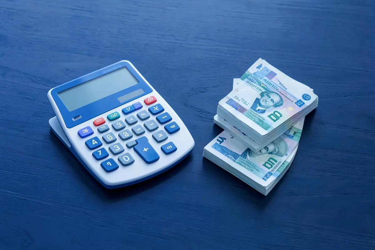 Uma calculadora e algumas notas de dinheiro dobradas sobre uma mesa de madeira escura.