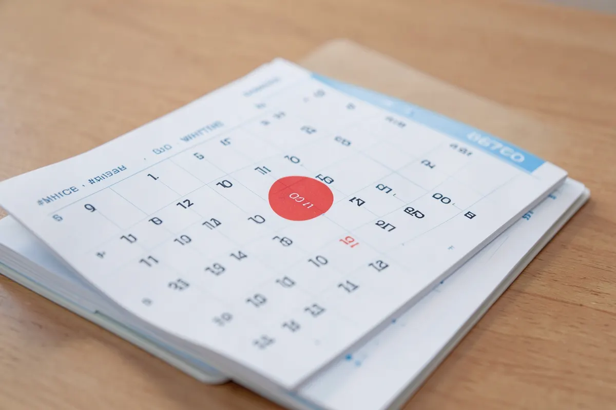 Um calendário aberto com um círculo vermelho em uma data específica, em um fundo de madeira.