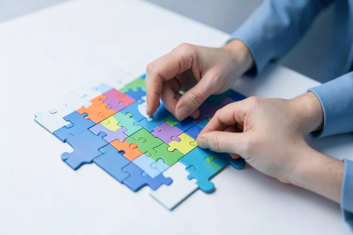 Uma pessoa montando um quebra-cabeça complexo com peças coloridas.
