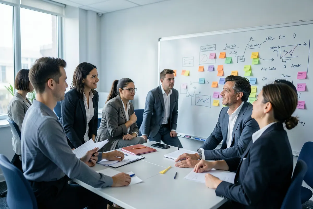 Um grupo de pessoas em um escritório moderno discute em frente a um quadro branco com diagramas e notas adesivas coloridas.
