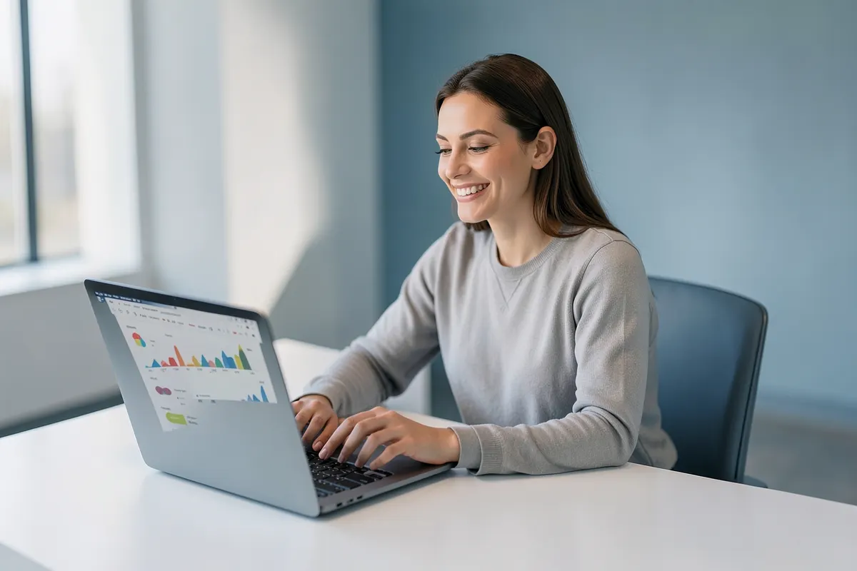 Uma mulher sentada em uma mesa de escritório organizada, sorrindo enquanto olha para um laptop aberto com gráficos na tela.