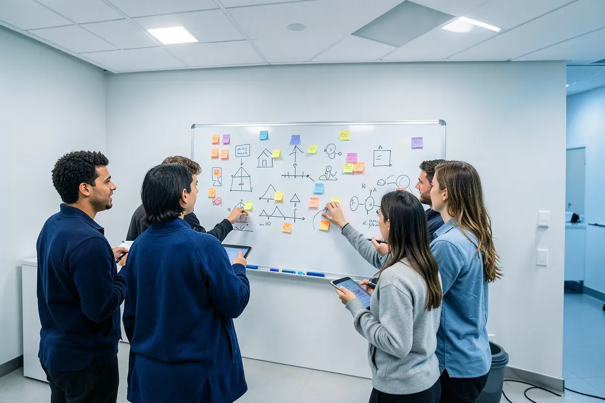 Uma equipe colaborando em torno de um quadro branco com diagramas e notas, representando as melhores práticas de integração.