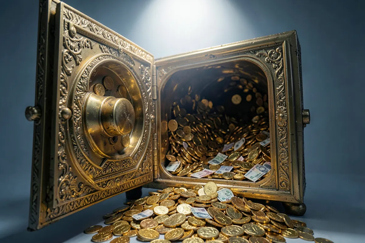 Um cofre de banco aberto com moedas e notas douradas transbordando, representando o benefício financeiro de um sistema ERP personalizado.