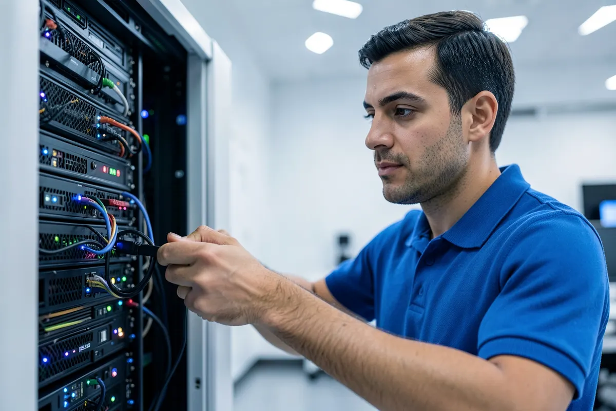 Um técnico de TI trabalhando em um servidor, representando a complexidade da implementação de um ERP local.