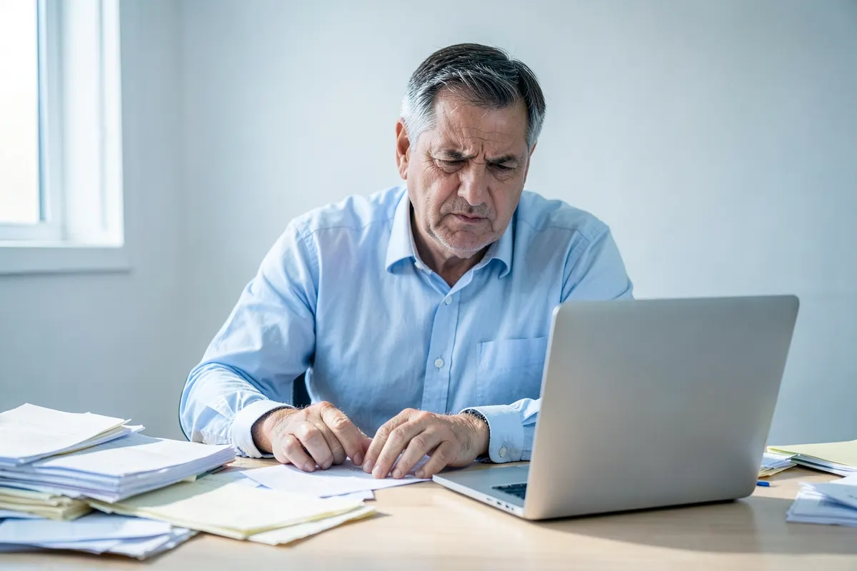 Um empresário frustrado olhando para papéis espalhados em uma mesa, simbolizando os problemas comuns em ERPs locais.