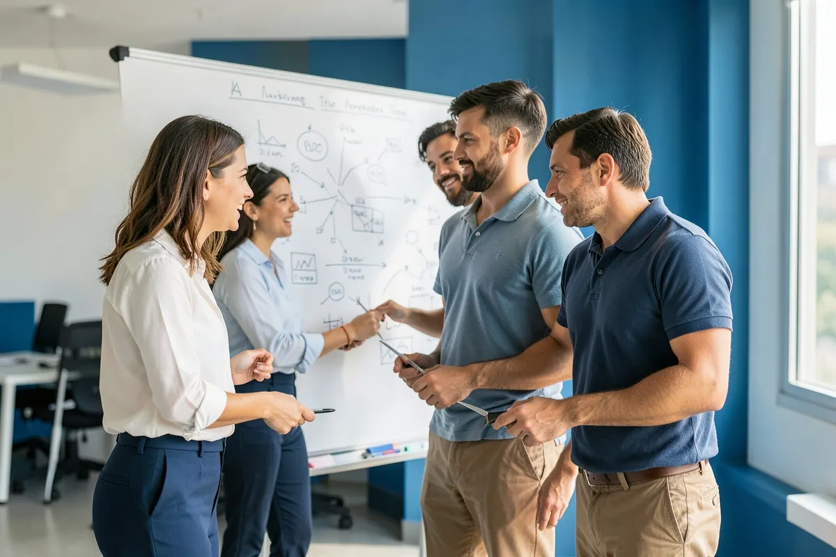 Uma equipe de profissionais colaborando em torno de um quadro branco em uma sala de reuniões, representando a superação de problemas com ERP local.