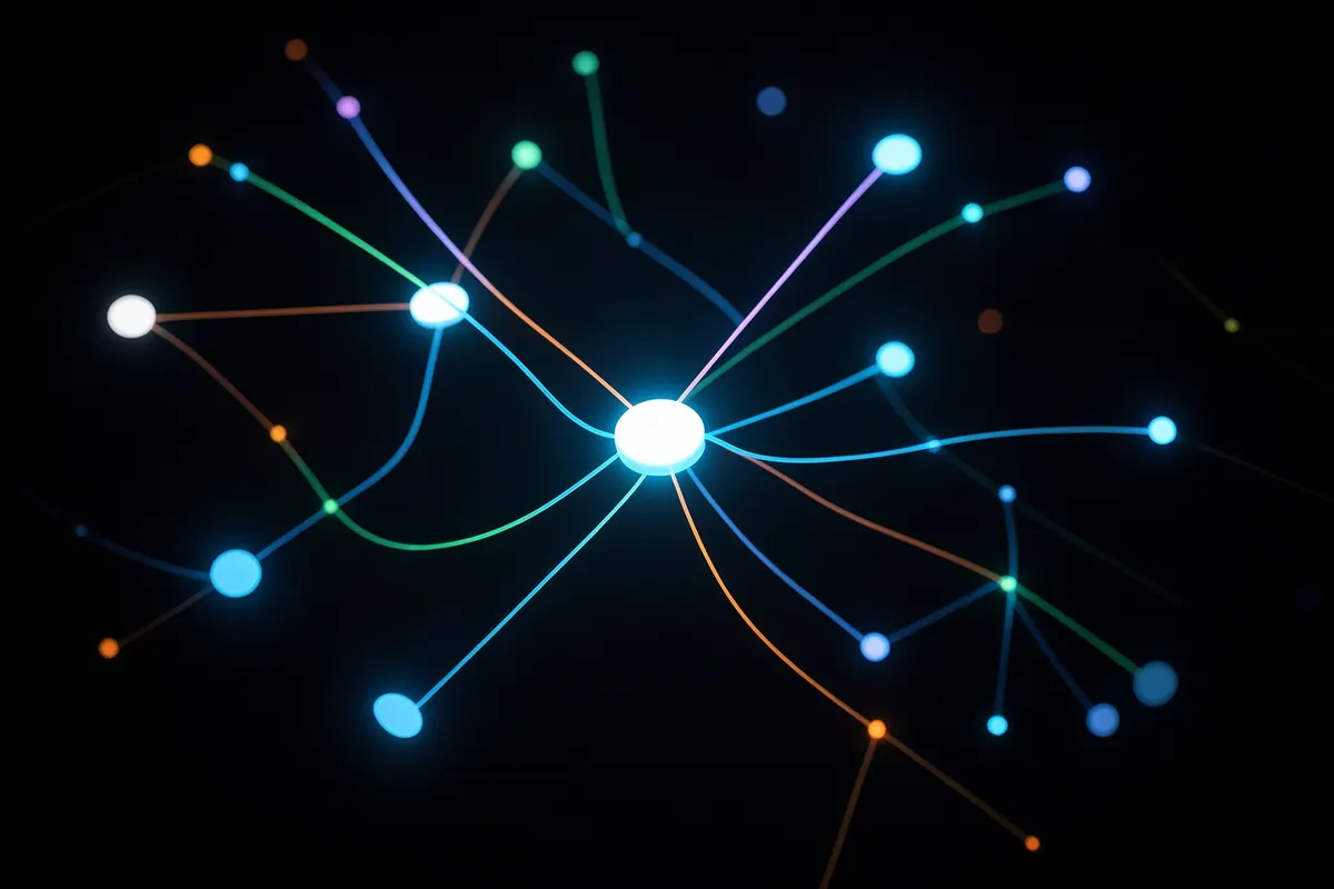 Um painel de controle abstrato com luzes e conexões, representando as tendências atuais em ERPs locais.