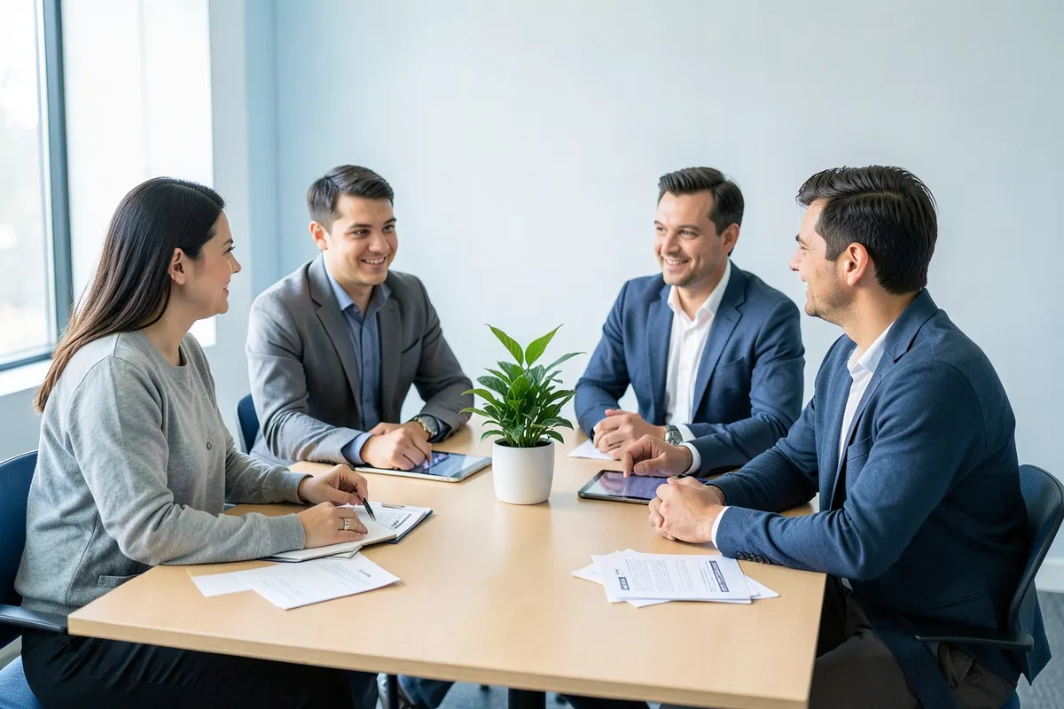 Uma equipe colaborando em torno de uma mesa com plantas e papéis, discutindo estratégias.