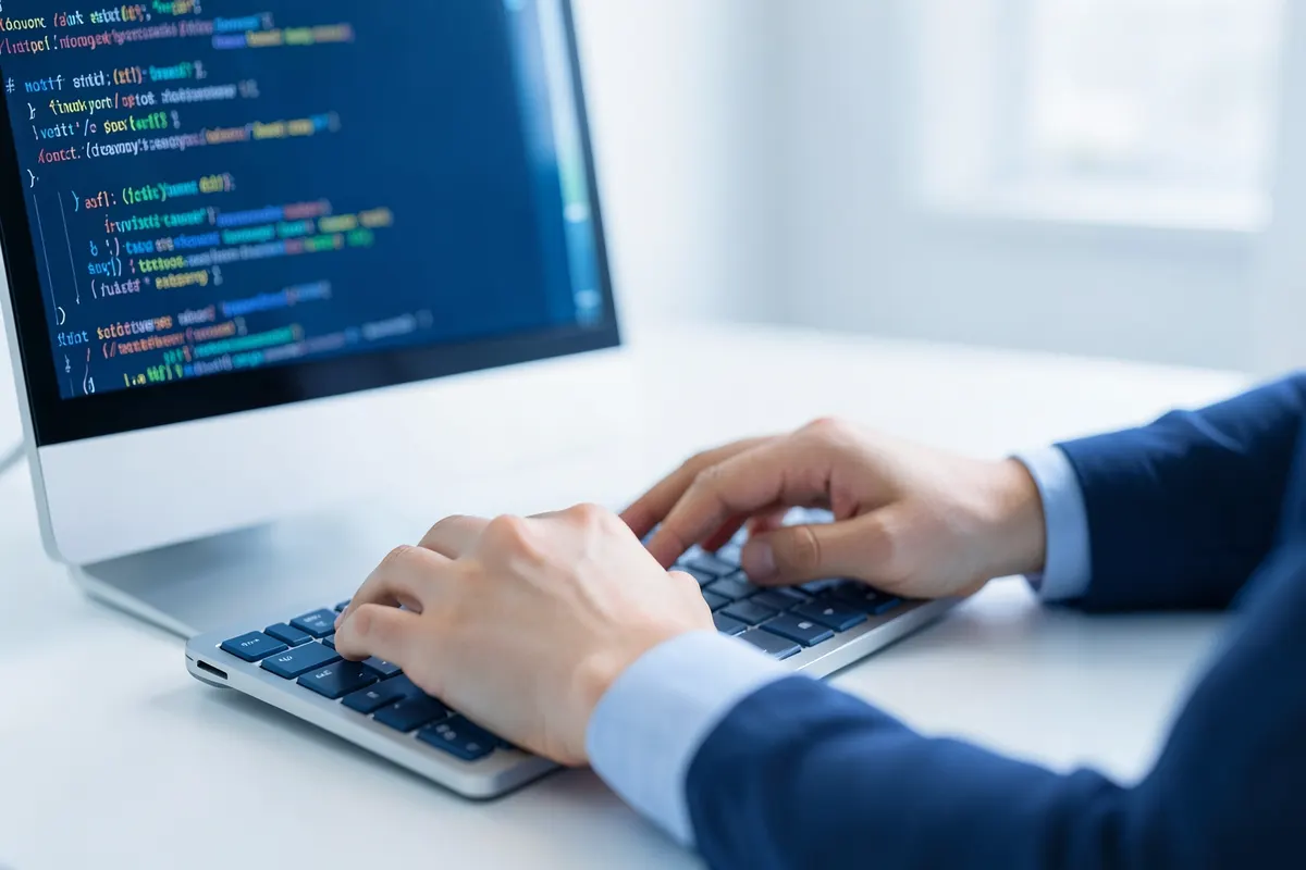 Uma pessoa implementando um software em um computador com ícones de engrenagem e gráficos.