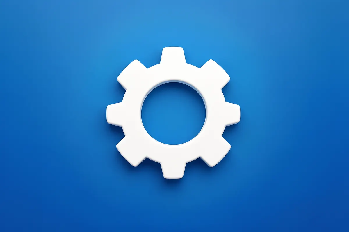 Um ícone de engrenagem estilizado sobre um fundo azul abstrato, representando um sistema de software.