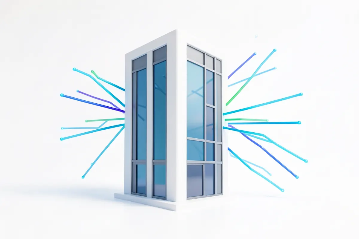 Um ícone de um prédio moderno com conexões digitais, simbolizando um sistema ERP.