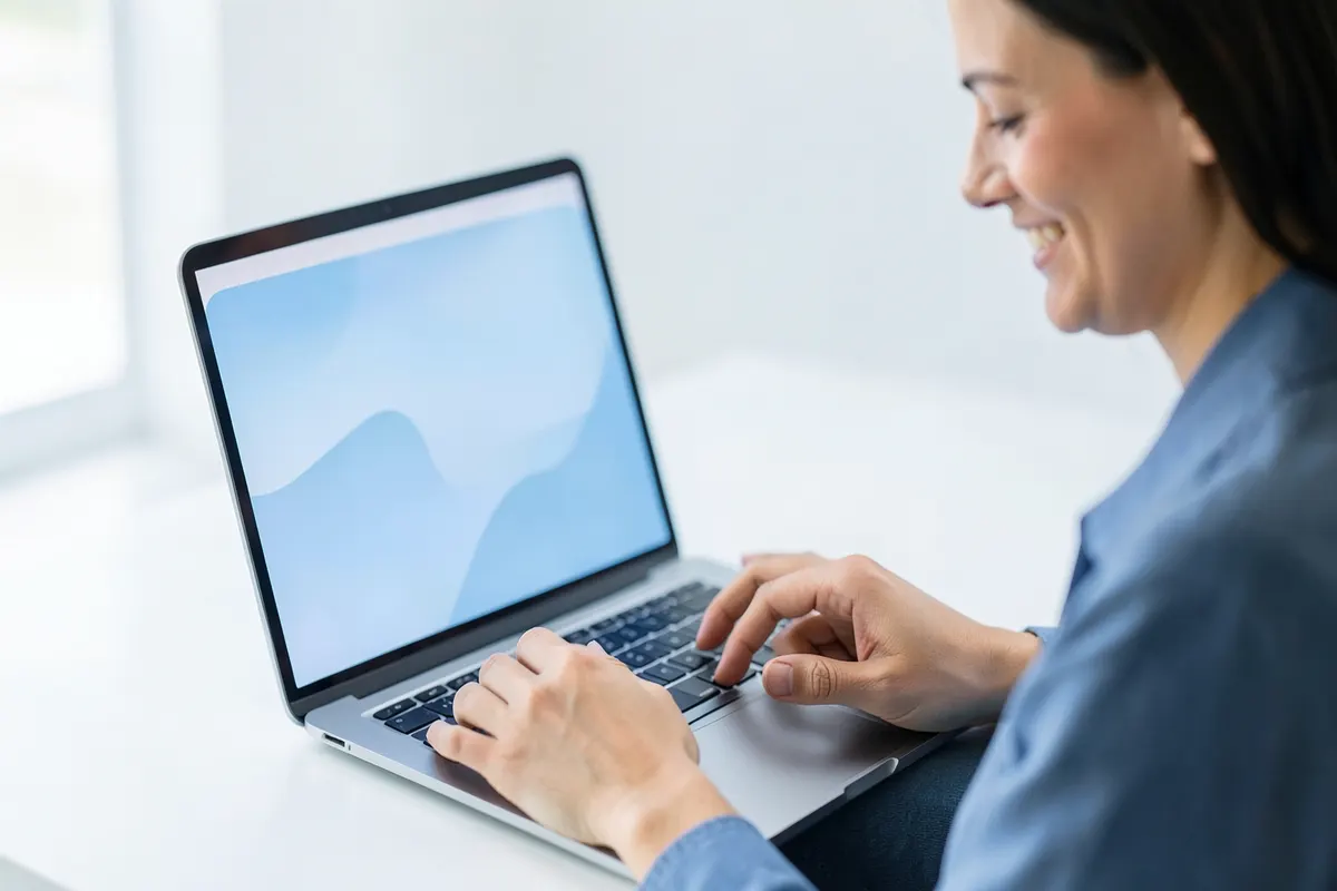 Uma pessoa sorrindo enquanto usa um laptop moderno com uma interface limpa, representando a facilidade de uso de um ERP moderno.
