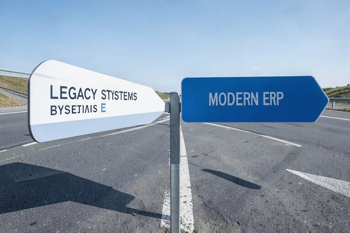 Uma encruzilhada com placas indicando "Sistemas Legados" e "ERP Moderno", representando a escolha estratégica.