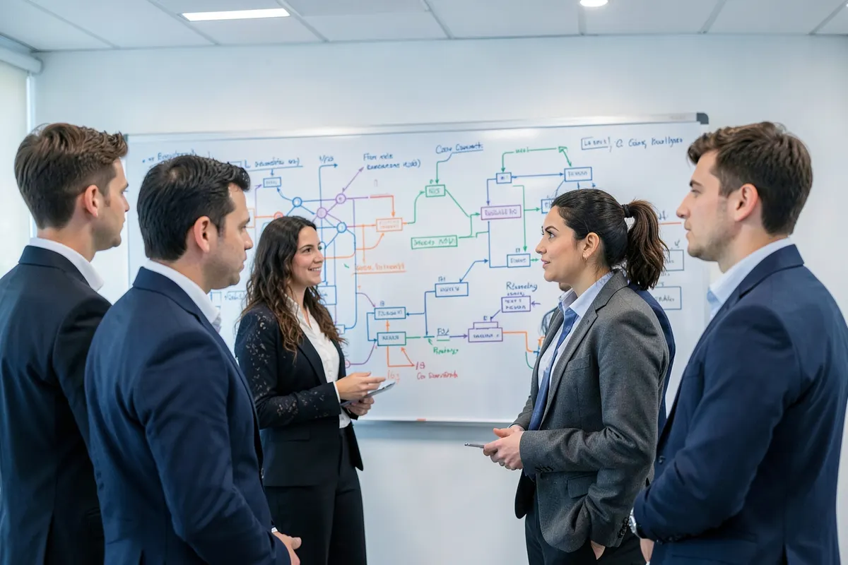 Um grupo de profissionais de TI discutindo em frente a um quadro branco com diagramas de sistemas complexos.