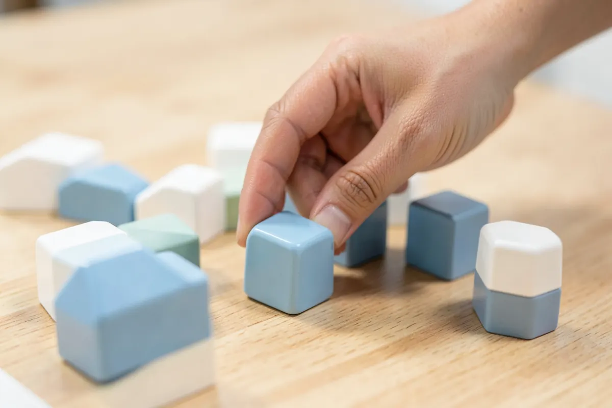 Uma mão escolhendo entre diferentes blocos de construção coloridos, representando a escolha de módulos de customização.