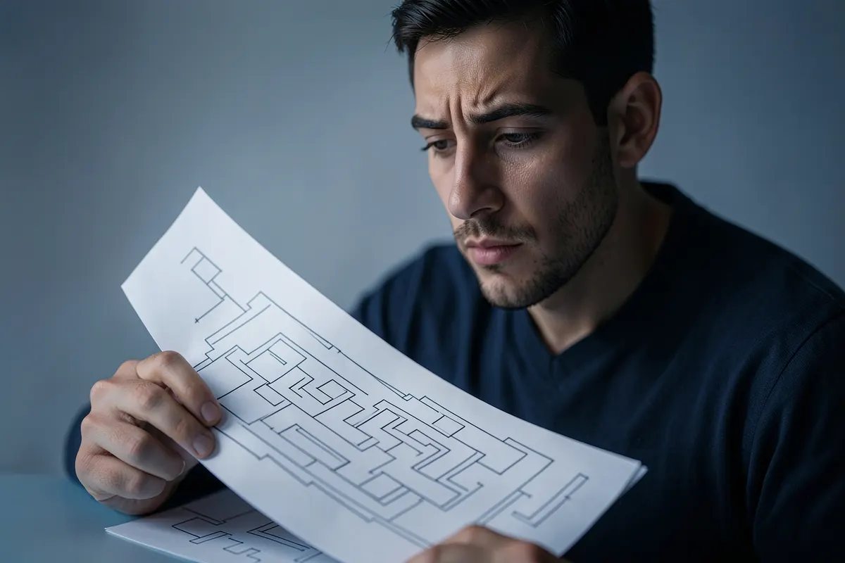 Uma pessoa olhando para um labirinto complexo, simbolizando os desafios da customização de ERP.