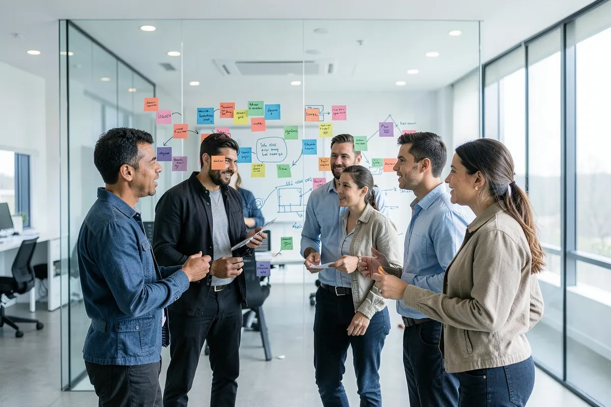 Uma equipe colaborando em um projeto, com post-its e diagramas em uma parede de vidro.