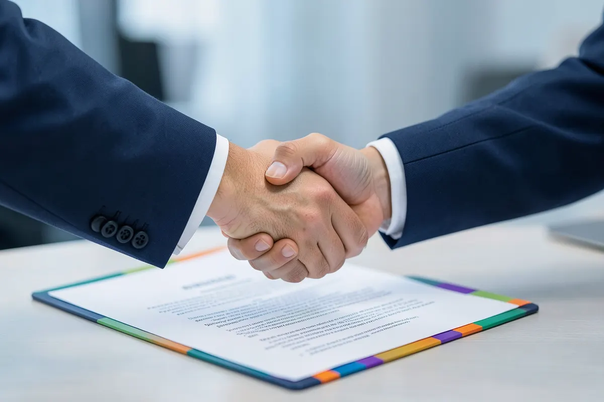 Um aperto de mãos sobre um contrato, simbolizando um acordo para um sistema ERP personalizado.