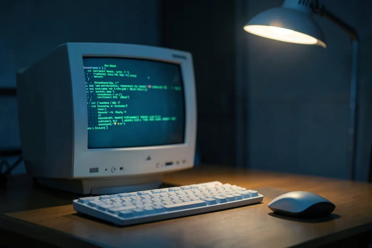 Um computador antigo com uma tela de tubo exibindo código de programação simples, ao lado de um teclado e um mouse, em um escritório com pouca luz.