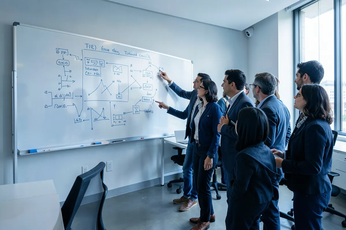 Um grupo de engenheiros e técnicos discutindo um projeto em frente a um quadro branco com gráficos e diagramas complexos.
