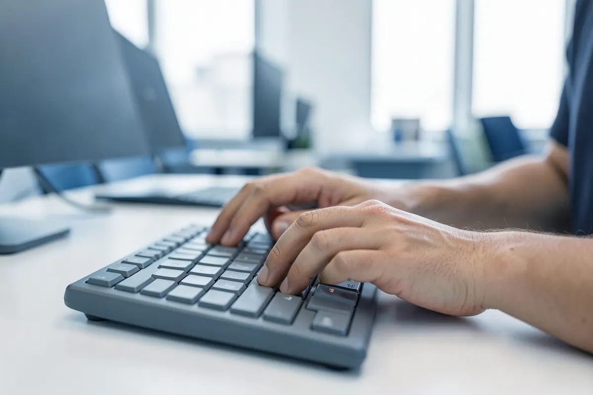 Mãos de um profissional digitando em um teclado de computador, com foco nos dedos e nas teclas, em um ambiente de escritório moderno.