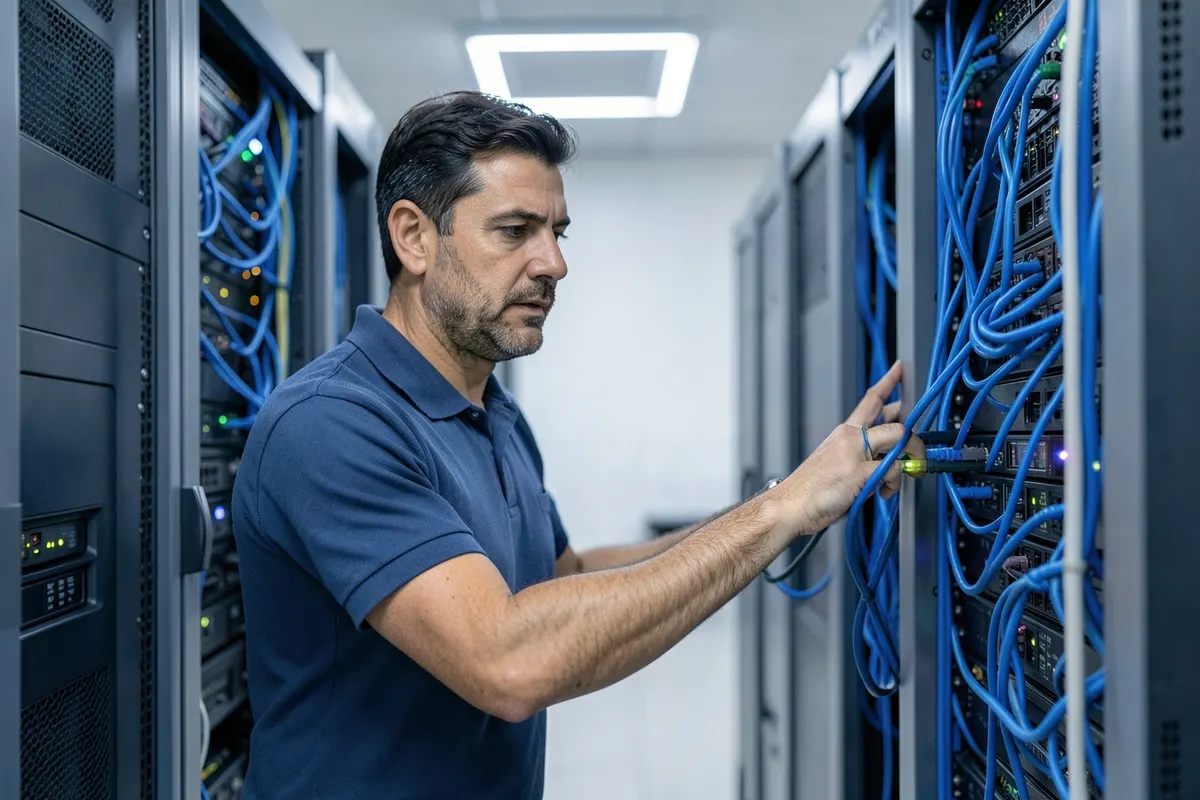 Um profissional de TI trabalhando em um servidor em um data center, com cabos e luzes piscando.
