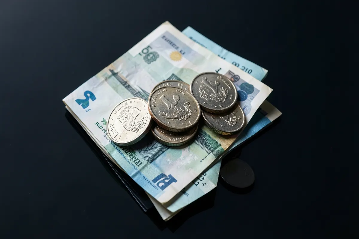 Moedas e notas de dinheiro empilhadas sobre uma superfície escura, simbolizando o custo de um procedimento dentário.