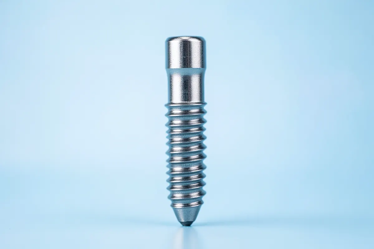 Um único implante dentário metálico em destaque sobre um fundo azul claro, com uma moeda ao lado para indicar o valor.