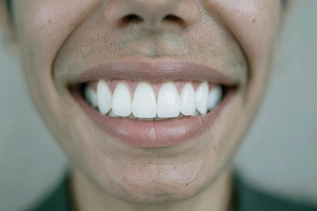Sorriso branco e saudável com dentes alinhados, resultado de um tratamento odontológico bem-sucedido.