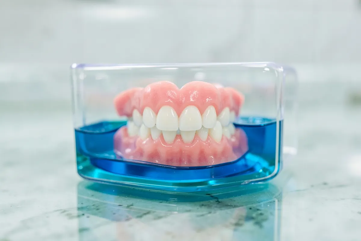 Uma prótese dentária total (dentadura) sendo higienizada em uma solução de limpeza.