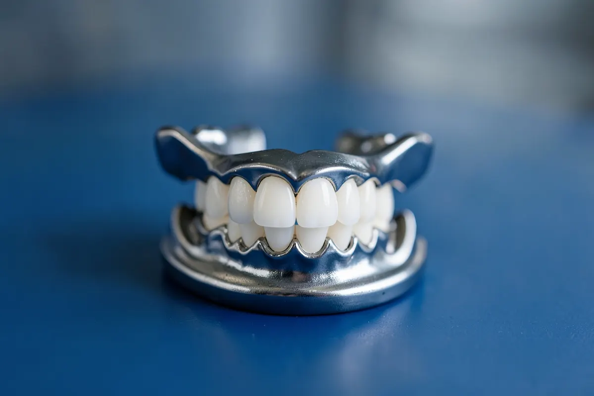 Prótese dentária parcial removível com dentes artificiais brancos e estrutura metálica sobre uma superfície azul.