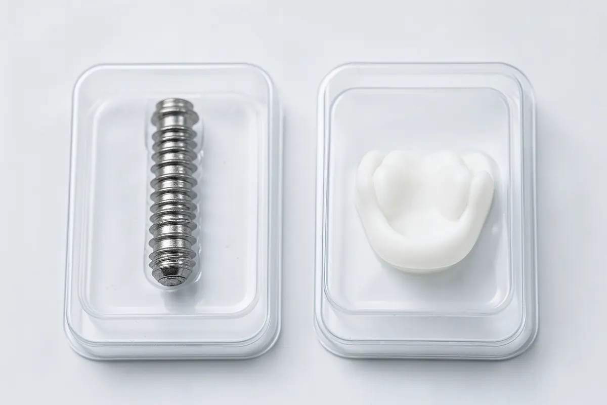 Comparação lado a lado de um implante dentário de titânio e uma prótese dentária parcial em suas embalagens.