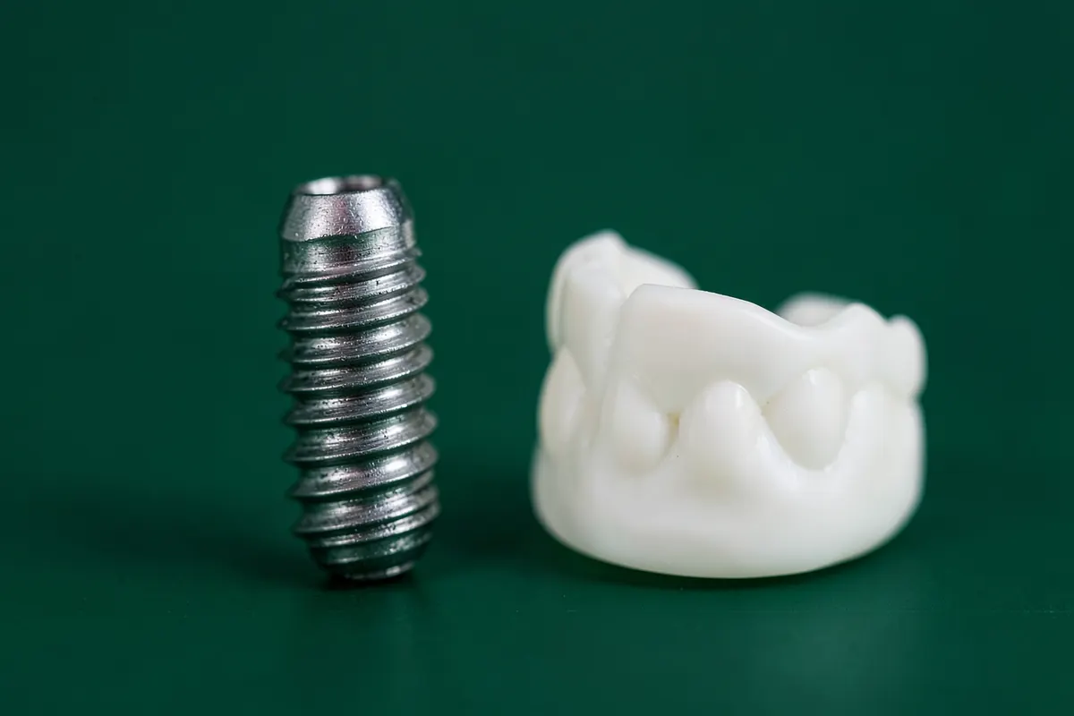 Um implante dentário de titânio e uma prótese dentária parcial em close-up, mostrando detalhes de material e construção.