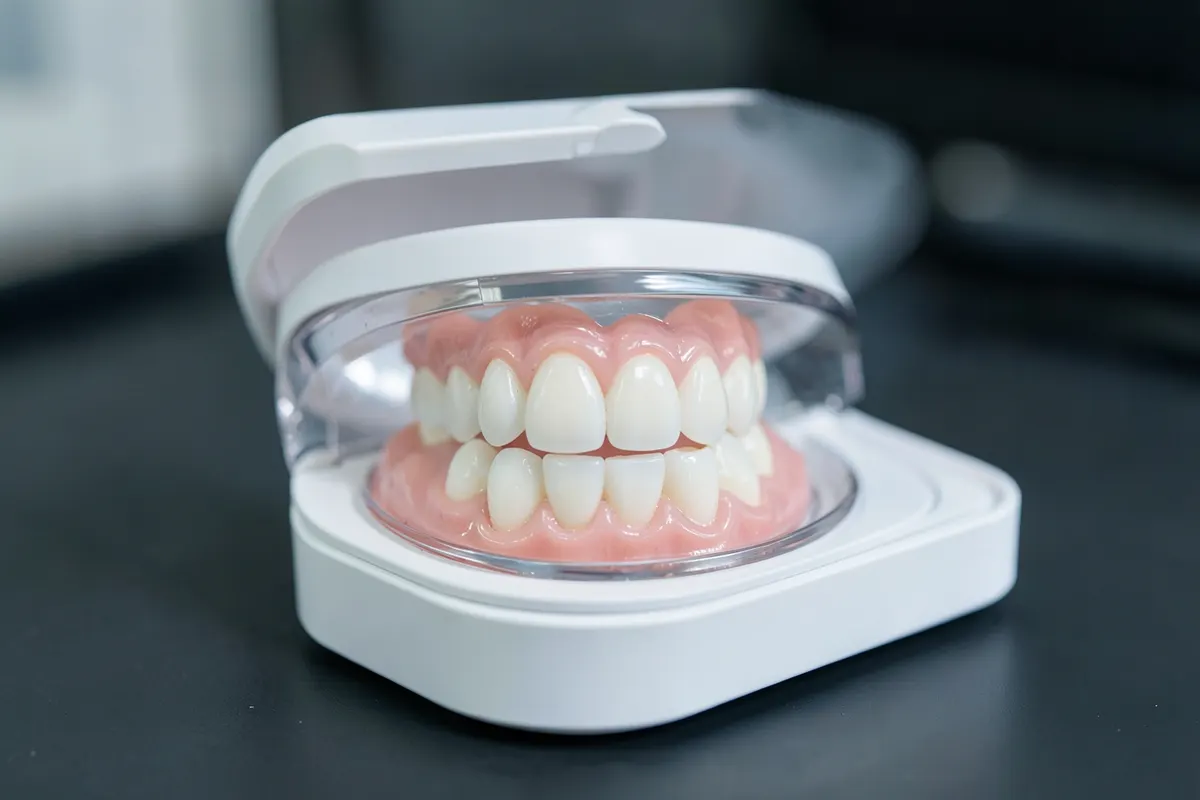 Uma prótese dentária total superior e inferior em um estojo de higiene bucal.