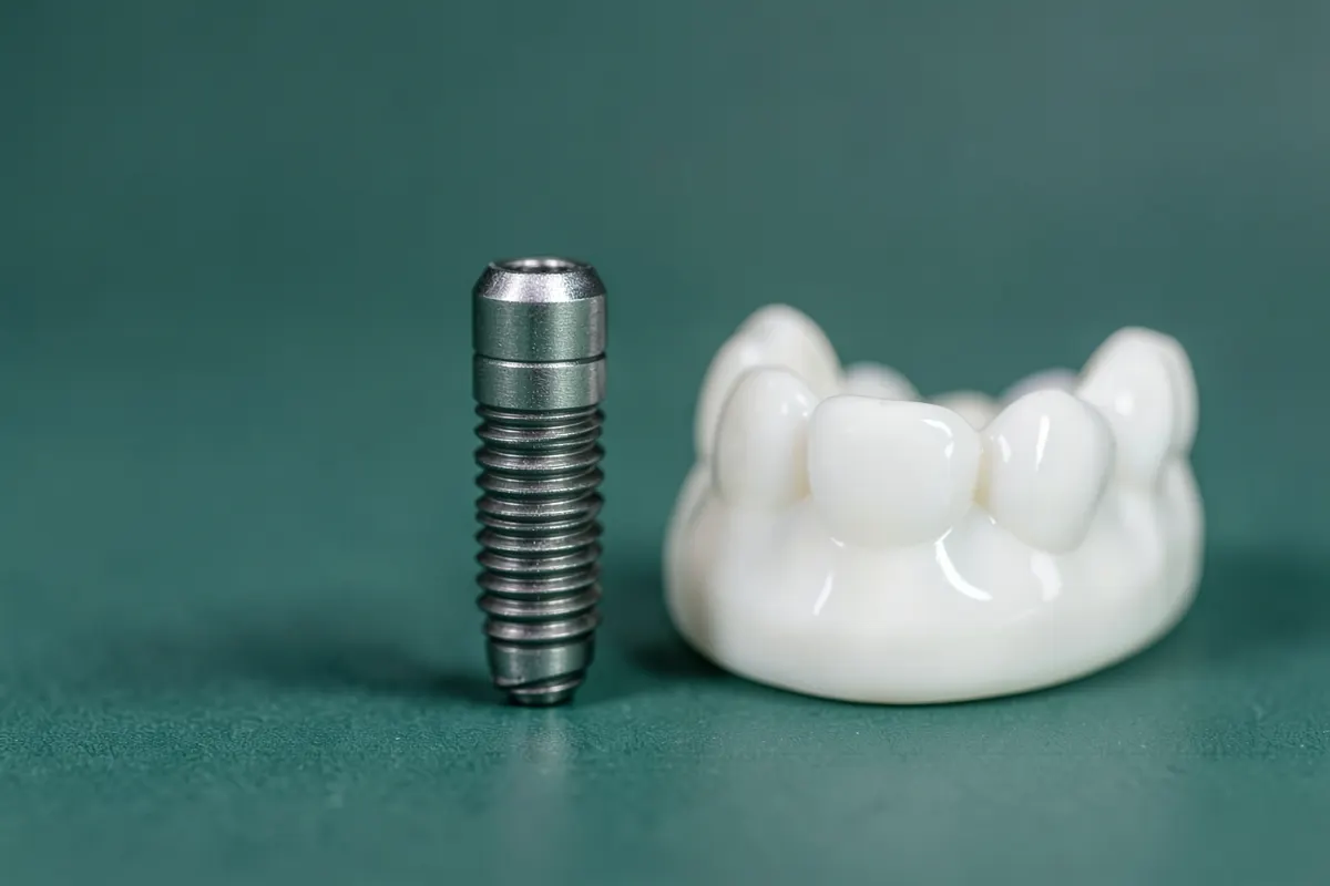 Um implante dentário de titânio ao lado de uma prótese dentária parcial, simbolizando a escolha entre as opções.