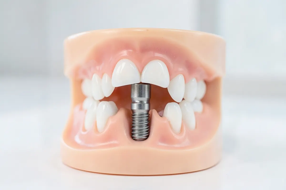 Um modelo de arcada dentária com um implante dentário e uma prótese parcial demonstrando a integração na boca.