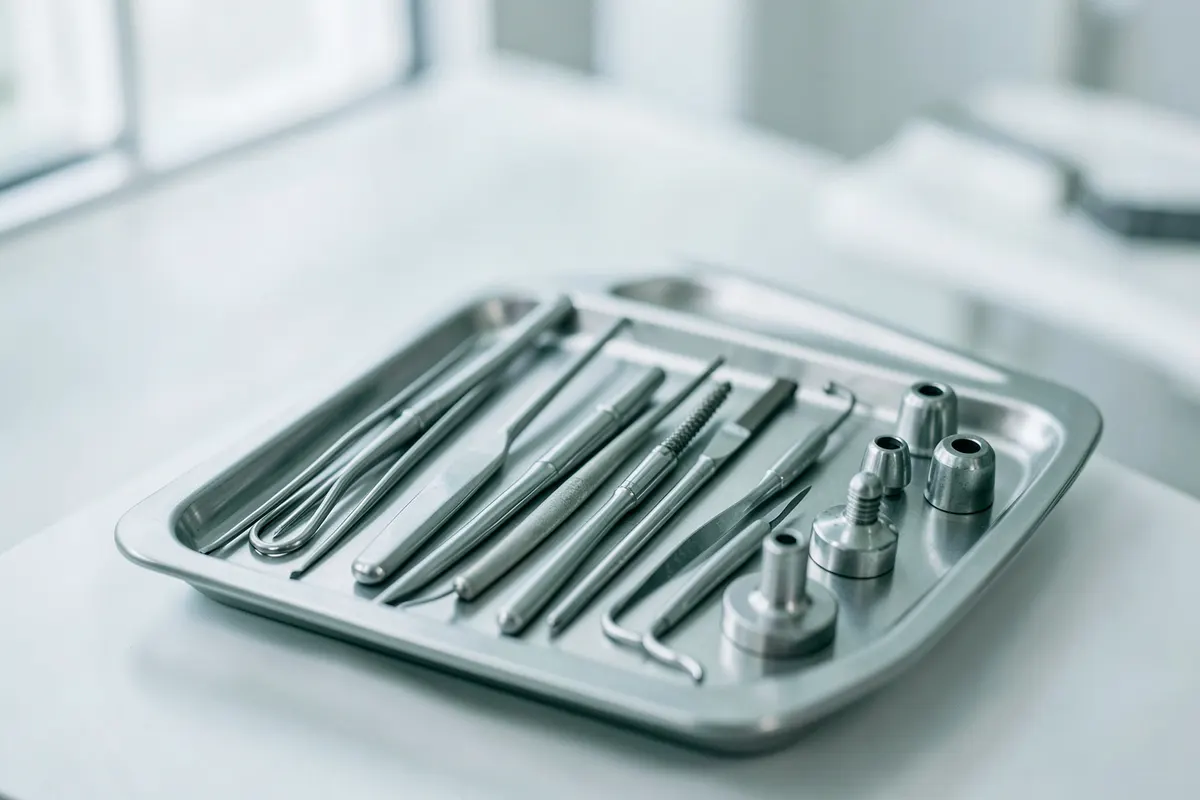 Um conjunto de ferramentas odontológicas e materiais de implante dispostos de forma organizada sobre uma bandeja clínica.