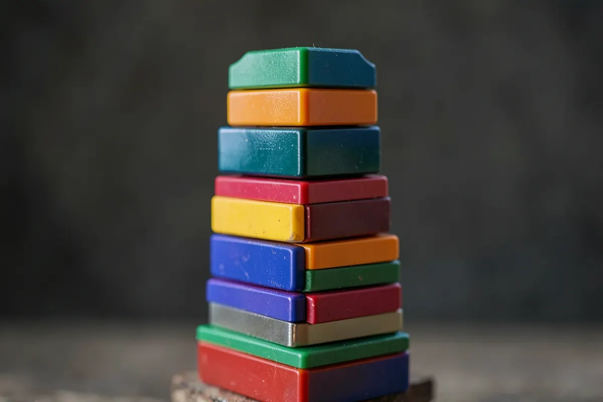 Pequenos blocos coloridos empilhados formando uma torre, representando planejamento e construção.