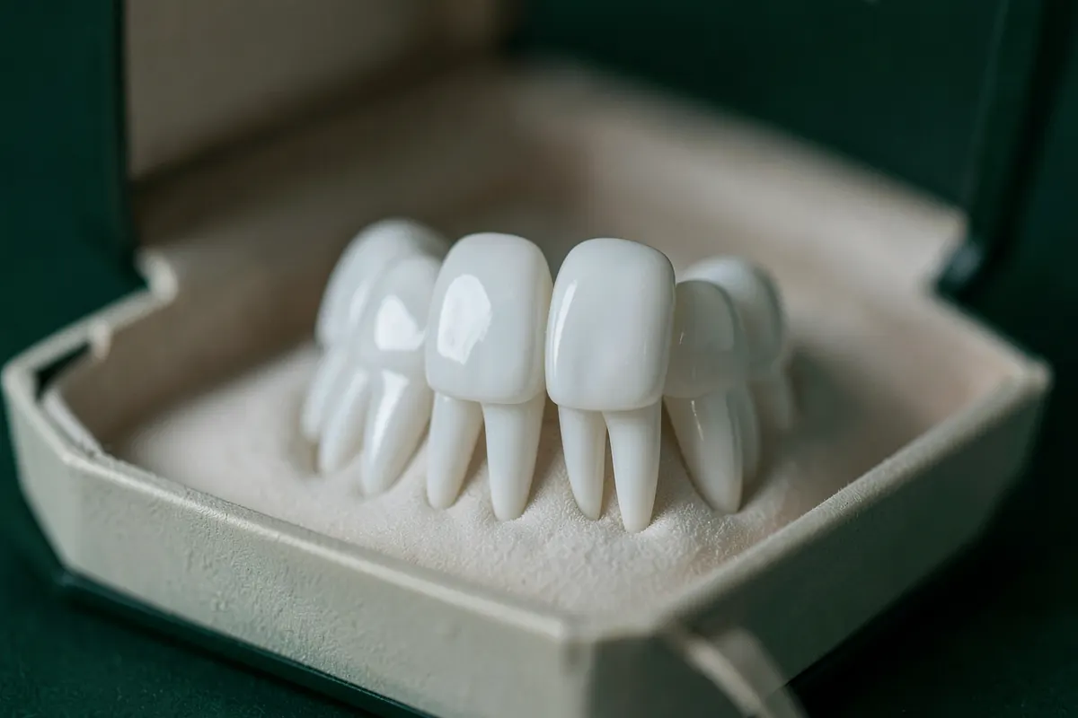 Um conjunto de dentes de porcelana polidos e brilhantes em uma caixa de apresentação.