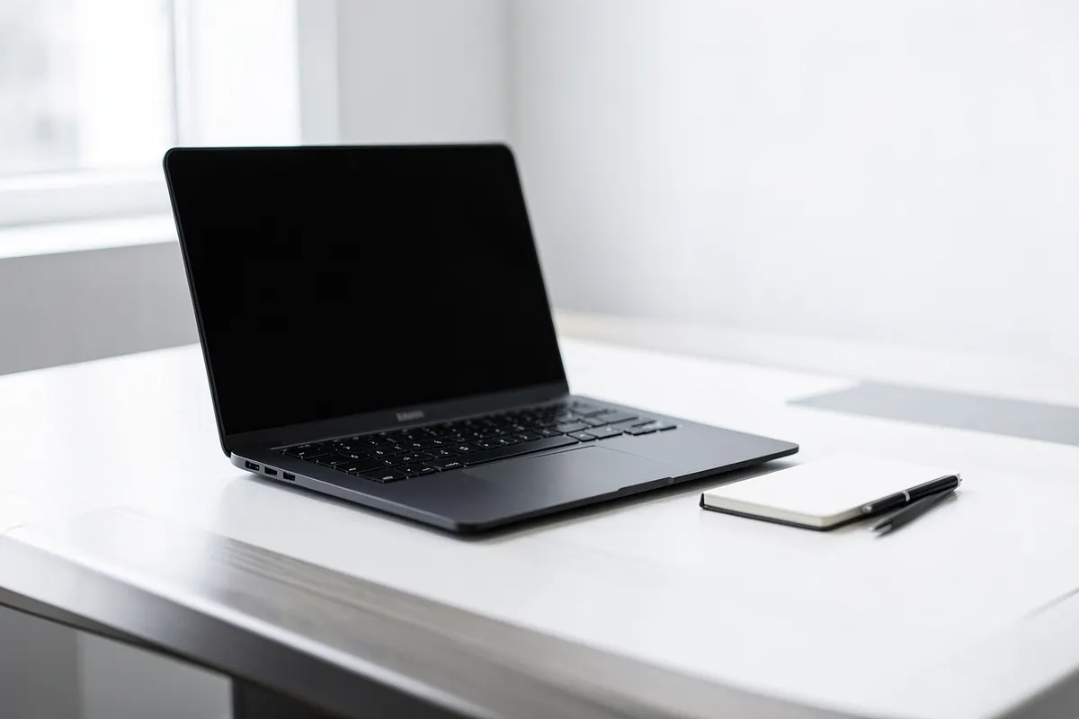 Uma mesa de escritório com um laptop aberto, um caderno fechado e uma caneta.