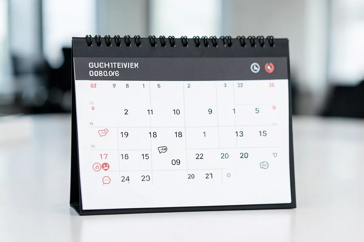 Um calendário com datas marcadas e ícones de postagem de rede social.