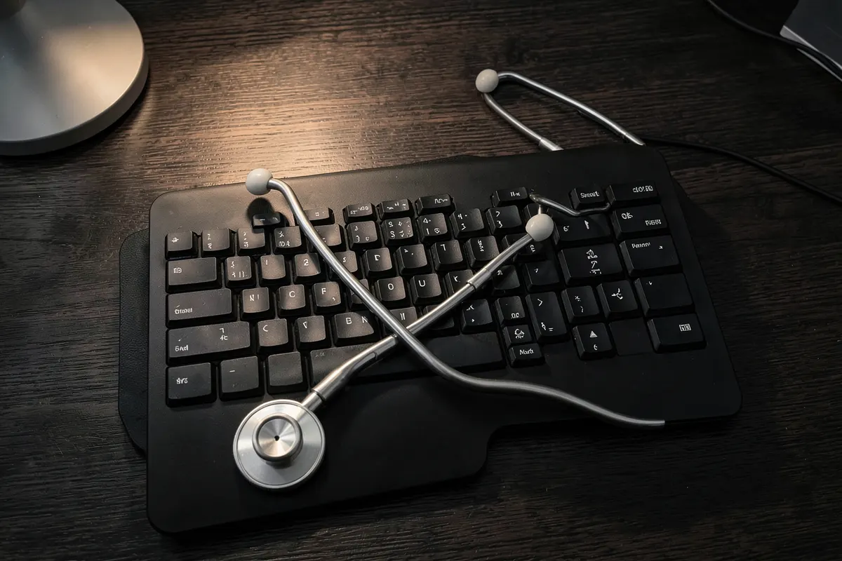 Um estetoscópio sobre um teclado de computador.