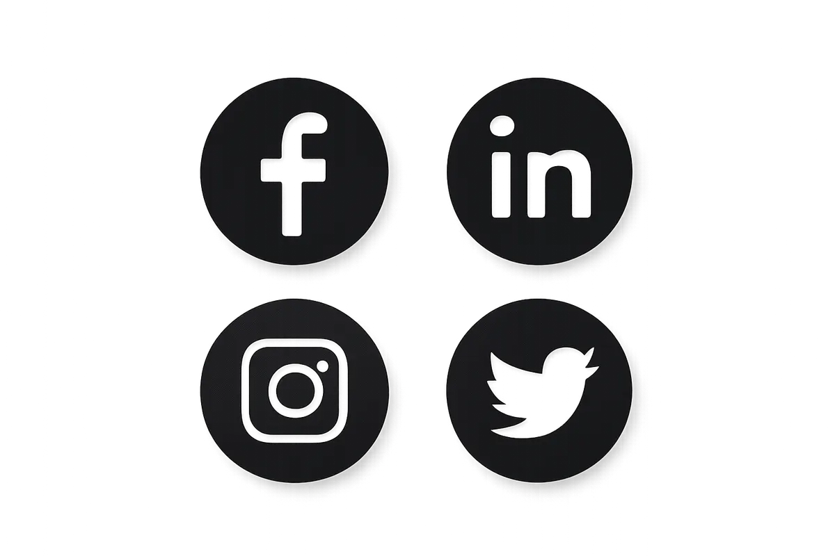 Ícones de diferentes plataformas de redes sociais (Facebook, Instagram, LinkedIn, Twitter) dispostos em círculo.