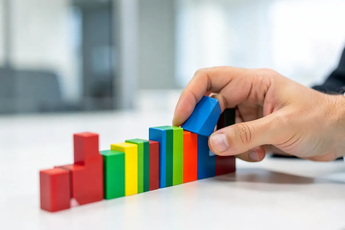 Mãos organizando blocos de construção coloridos para formar um gráfico de crescimento.