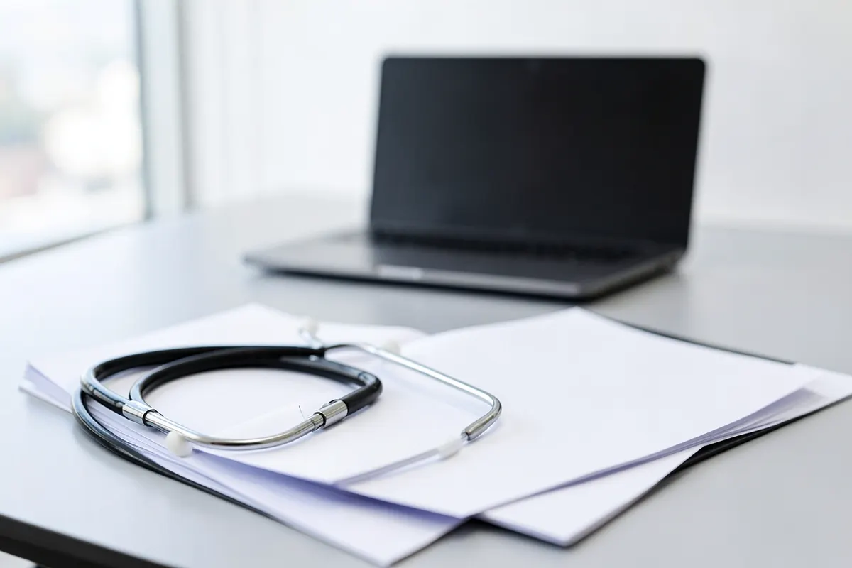 Um estetoscópio e um prontuário médico sobre uma mesa com um laptop ao fundo
