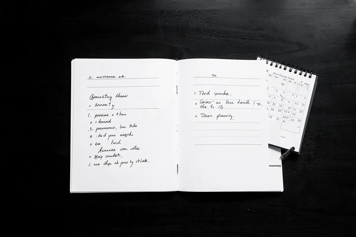 Um plano de negócios aberto com anotações e um calendário sobre uma mesa de madeira