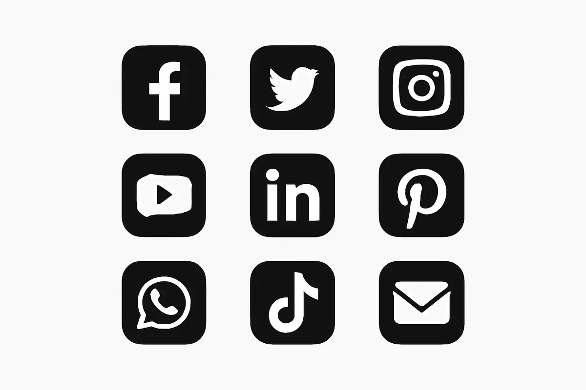 Um conjunto de ícones de redes sociais organizados em um padrão limpo e simétrico sobre um fundo branco